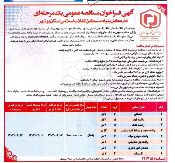 مناقصه عمومی تامین نیروهای انسانی