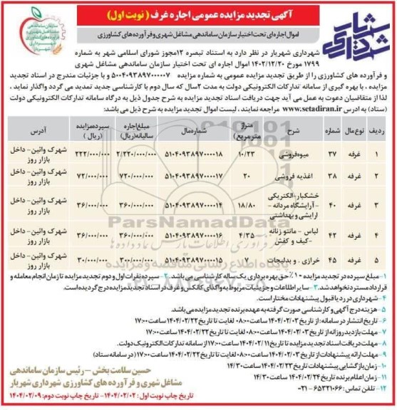 تجدید مزایده عمومی اجاره غرف ...