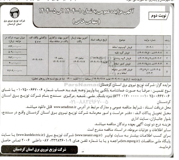 مزایده فروش آلومینیوم اسقاط و ...- نوبت دوم