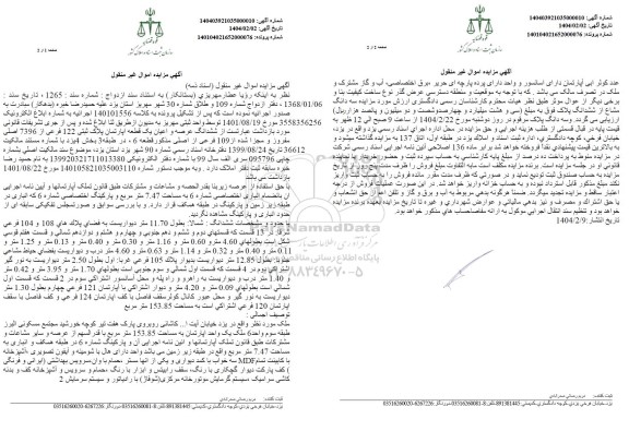 مزایده عرصه و اعیان یک قطعه آپارتمان پلاک ثبتی 122 فرعی از 7396 اصلی