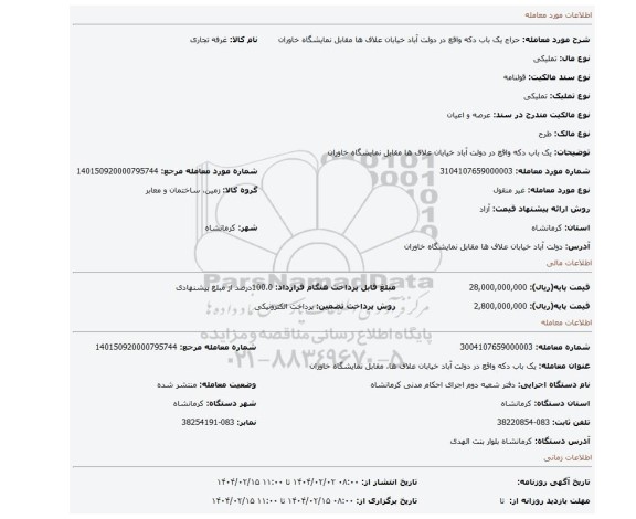 مزایده، یک باب دکه واقع در دولت آباد خیابان علاف ها مقابل نمایشگاه خاوران