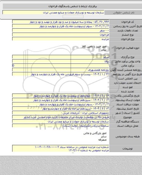 مزایده, فروش ۴۵ تن بوهمایت تولیدی مرکز تحقیقات کاربرد مواد معدنی غرب کشور