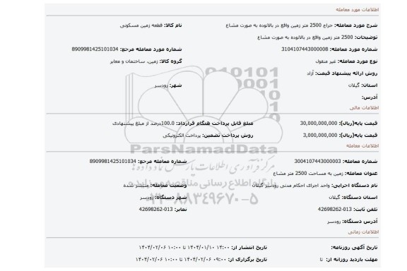 مزایده، 2500 متر زمین واقع در بالانوده به صورت مشاع