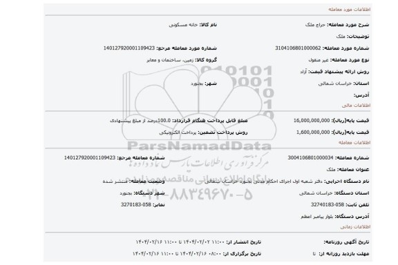 مزایده، ملک
