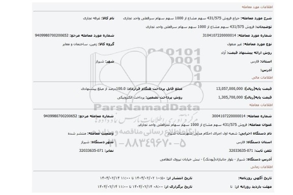 مزایده، فروش 431/575 سهم مشاع از 1000 سهم سهام سرقفلی واحد تجاری
