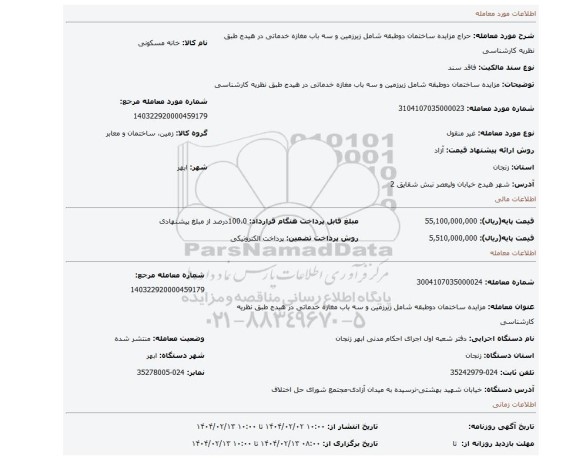 مزایده، مزایده ساختمان دوطبقه شامل زیرزمین و سه باب مغازه خدماتی در هیدج طبق نظریه کارشناسی