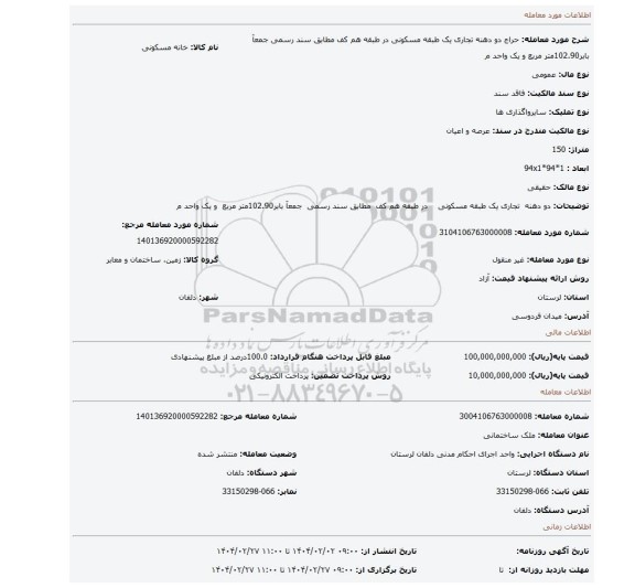 مزایده، دو دهنه  تجاری یک طبقه مسکونی    در طبقه هم کف  مطابق سند رسمی  جمعآ بابر102.90متر مربع  و یک واحد م