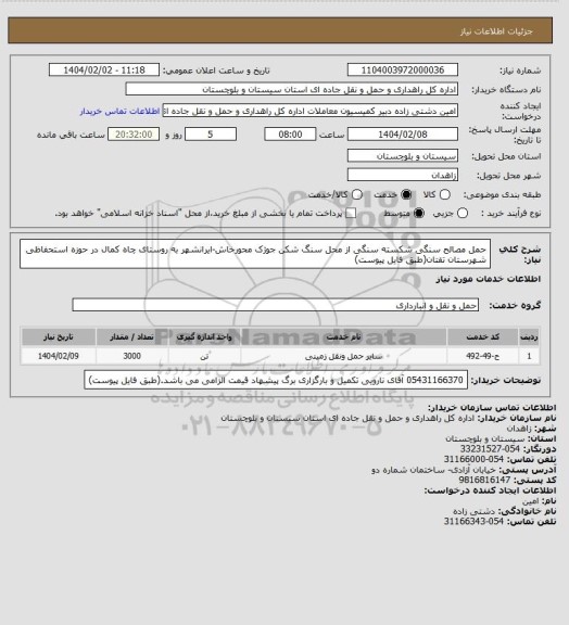 استعلام حمل مصالح سنگی شکسته سنگی از محل سنگ شکن جوژک محورخاش-ایرانشهر به روستای چاه کمال در حوزه استحفاظی شهرستان تفتان(طبق فایل پیوست)