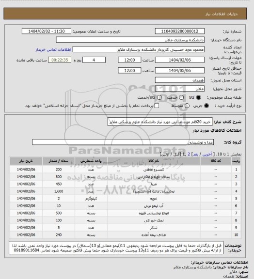 استعلام خرید 20قلم مواد غذایی مورد نیاز دانشکده علوم پزشکی ملایر