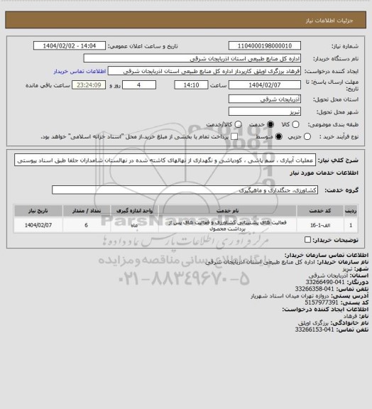 استعلام عملیات آبیاری ، سم پاشی ، کودپاشی و نگهداری از نهالهای کاشته شده در نهالستان شامداران جلفا طبق اسناد پیوستی