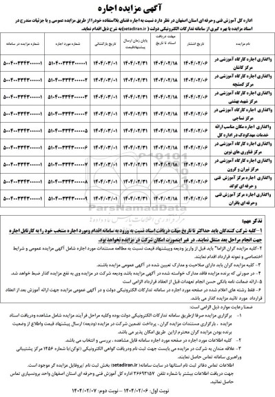 مزایده واگذاری اجاره کارگاه آموزشی ...