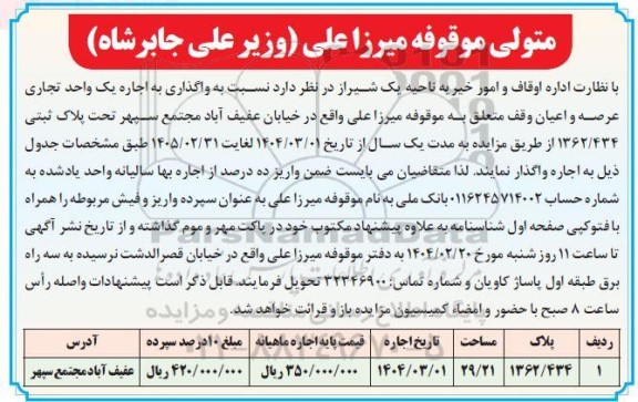 مزایده واگذاری به اجاره یک واحد تجاری عرصه و اعیان وقف
