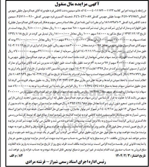 مزایده فروش 56.000.000 سهام شرکت