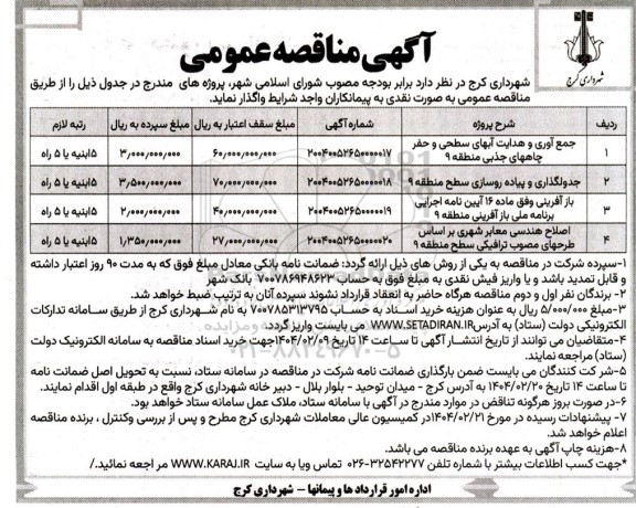 مناقصه جمع آوری و هدایت آبهای سطحی و حفر چاههای جذبی ...