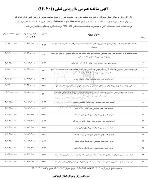 مناقصه تجدید خرید و نصب و حمل چمن مصنوعی روستاهای سفیدکوه میناب...