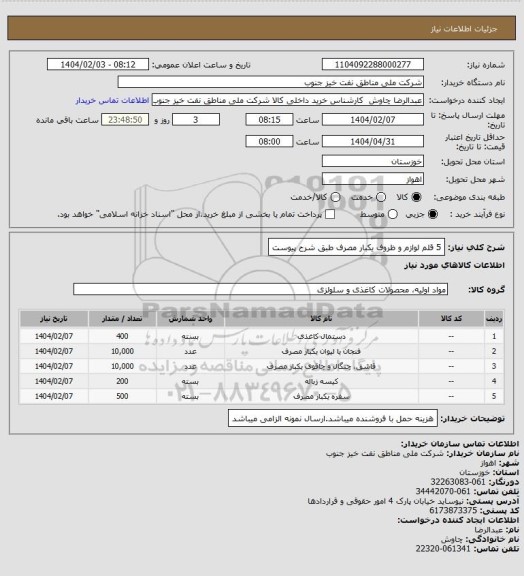 استعلام 5 قلم لوازم و ظروف یکبار مصرف طبق شرح پیوست