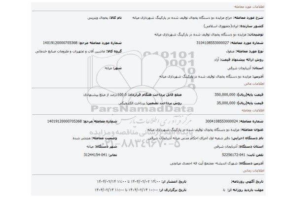 مزایده، مزایده دو دستگاه یخچال توقیف شده در پارکینگ شهرداری میانه