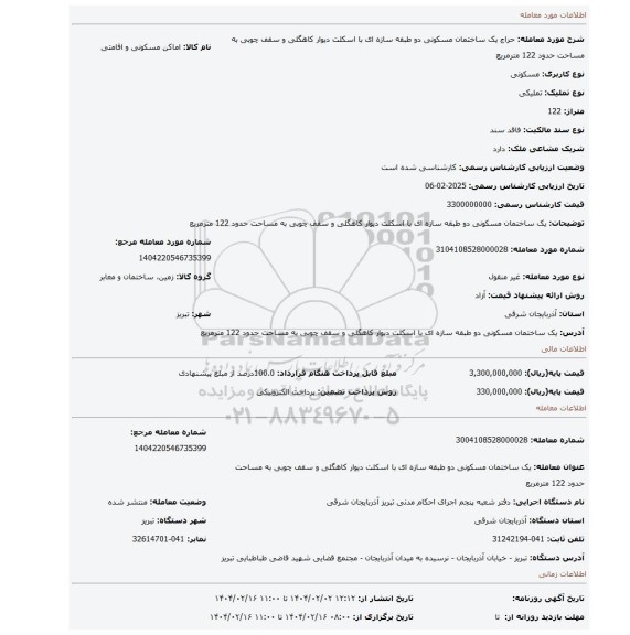 مزایده، یک ساختمان مسکونی دو طبقه سازه ای با اسکلت دیوار کاهگلی و سقف چوبی به مساحت حدود 122 مترمربع