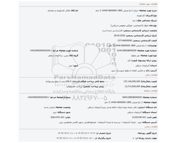 مزایده، 1              باغ ضرابی        1800             8000000                       14400 2          حاج