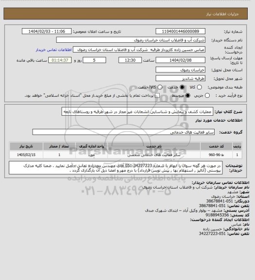 استعلام عملیات کشف و پیمایش و شناسایی انشعابات غیر مجاز در شهر طرقبه و روستاهای تابعه