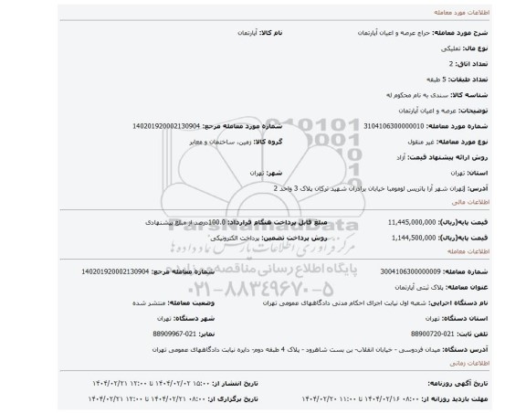 مزایده، عرصه و اعیان آپارتمان