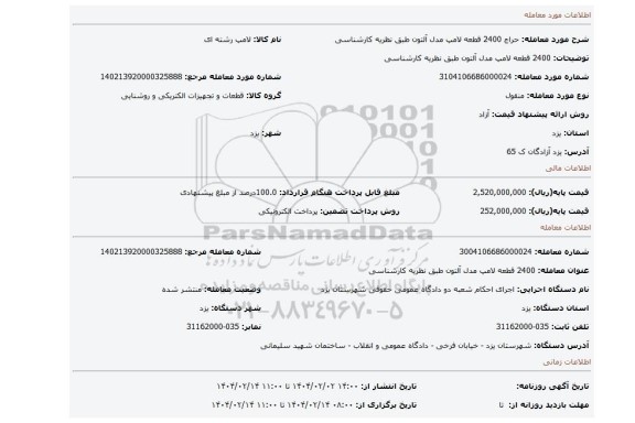 مزایده، 2400 قطعه لامپ مدل آلتون طبق نظریه کارشناسی