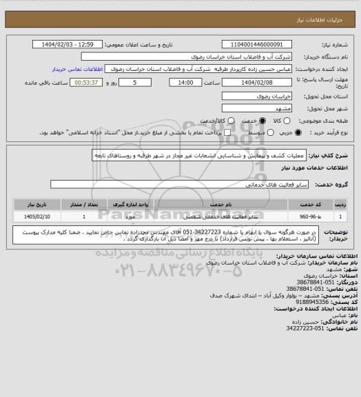 استعلام عملیات کشف و پیمایش و شناسایی انشعابات غیر مجاز در شهر طرقبه و روستاهای تابعه