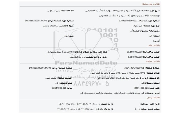 مزایده، 87/5 سهم از مجموع 100 سهم از 6 دانگ یک قطعه زمین