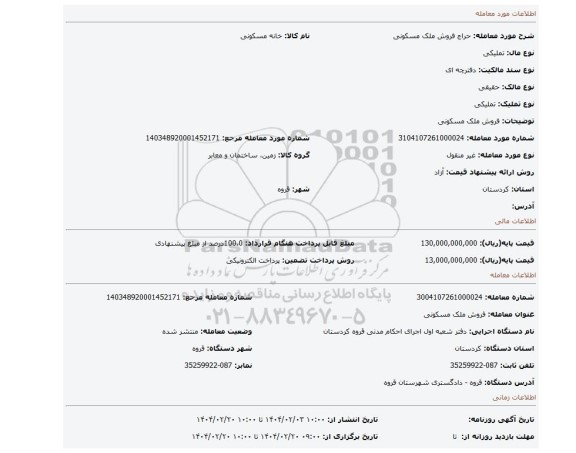 مزایده، فروش ملک مسکونی