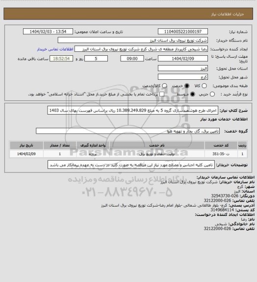 استعلام اجرای طرح هوشمندسازی گروه 5 به مبلغ 10.389.249.829 ریال براساس فهرست بهای سال 1403