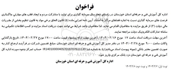 فراخوان سرمایه گذاری برای تولید با مشارکت مردم و ایجاد قطبهای مهارتی، واگذاری فرصتهای سرمایه گذاری نسبت به اجاره فضاهای مراکز