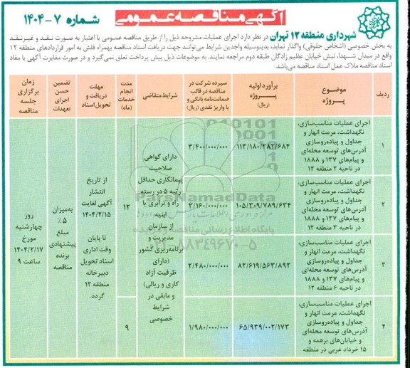 مناقصه عمومی اجرای عملیات مناسب سازی، نگهداشت، مرمت انهار  ...