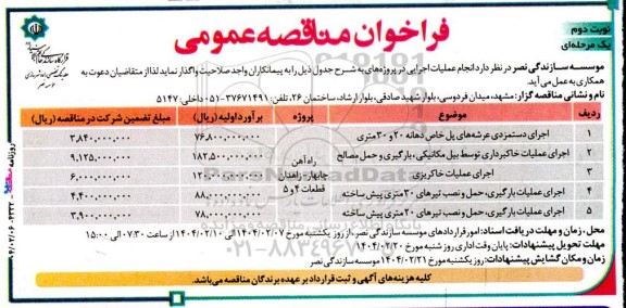 مناقصه اجرای دستمزدی عرشه های پل خاص دهانه 20 و 30 متری .....- نوبت دوم