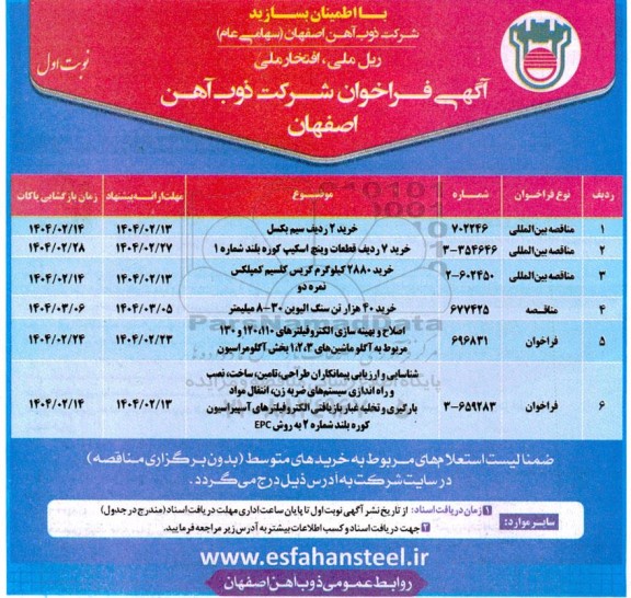 فراخوان خرید 2 ردیف سیم بکسل ...