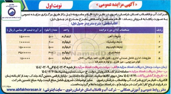 مزایده فروش اقلام شامل ضایعات آهن....