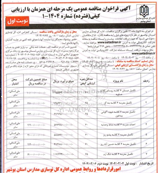 مناقصه تکمیل دبستان 6 کلاسه....