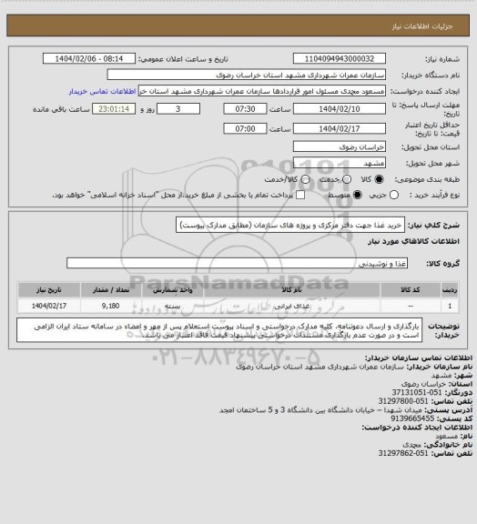 استعلام خرید غذا جهت دفتر مرکزی و پروژه های سازمان (مطابق مدارک پیوست)