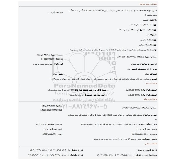مزایده، فروش ملک مشاعی به پلاک ثبتی 2/29679  به مقدار 1 دانگ از ششدانگ  بابت محکوم به