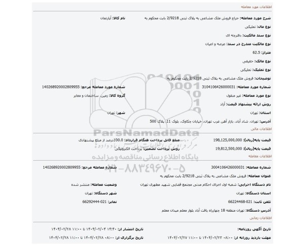 مزایده، فروش ملک مشاعی به پلاک ثبتی 2/9218 بابت محکوم به