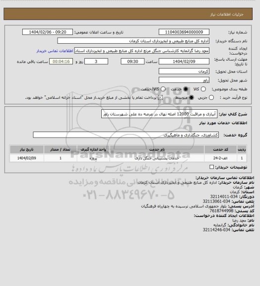 استعلام آبیاری و مراقبت 12000 اصله نهال در عرصه ده علی شهرستان راور