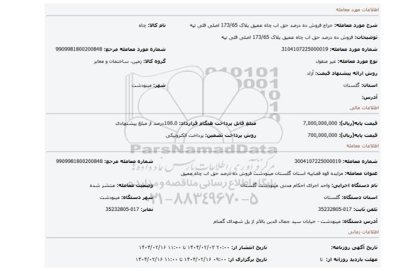 مزایده، فروش ده درصد حق اب چاه عمیق پلاک 173/65 اصلی قلی تپه
