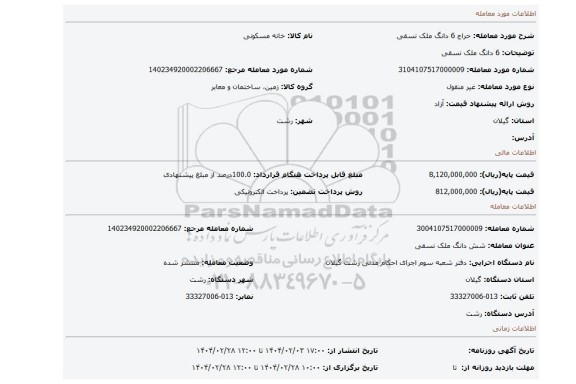 مزایده، 6 دانگ ملک نسقی