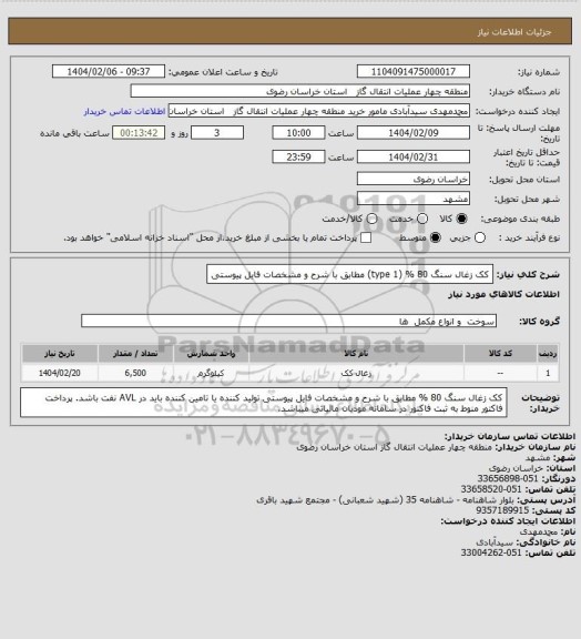 استعلام کک زغال سنگ 80 % (type 1) مطابق با شرح و مشخصات فایل پیوستی