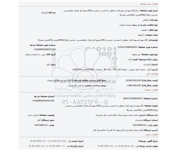 مزایده، 42سهم ازسهم الارث متعلق به محسن حبشی از240سهم کل ماترک غلامحسین حبشی ازپلاک4462فرعی از42اصلی بخش9