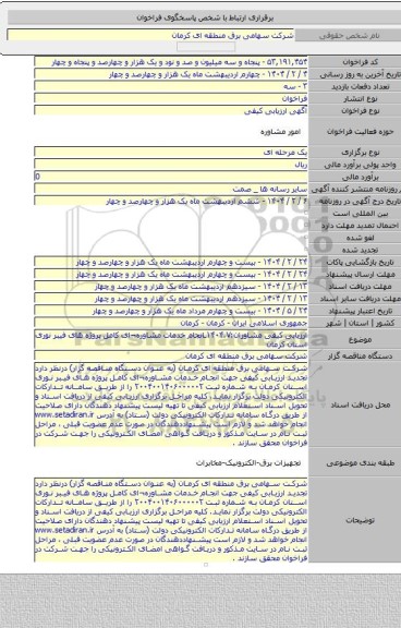 مناقصه, ارزیابی کیفی مشاوران:۱۴۰۴.۷ـانجام خدمات مشاوره¬ای کامل پروژه های فیبر نوری استان کرمان