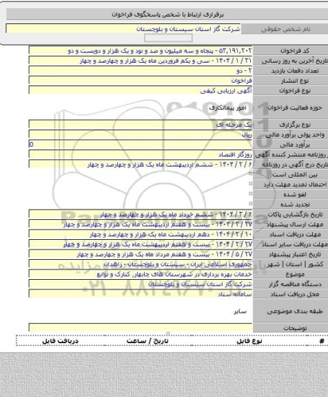 مناقصه, خدمات بهره برداری در شهرستان های چابهار٬ کنارک و توابع