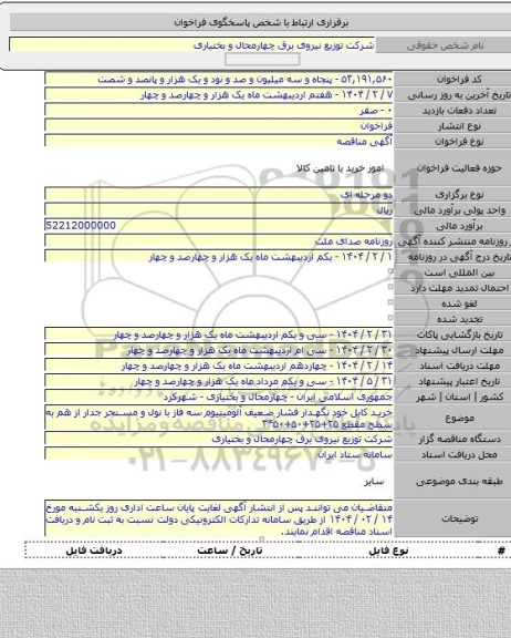 مناقصه, خرید کابل خود نگهدار فشار ضعیف آلومینیوم سه فاز با نول و مسنجر جدار از هم به سطح مقطع ۲۵+۲۵+۵۰+۵۰*۳