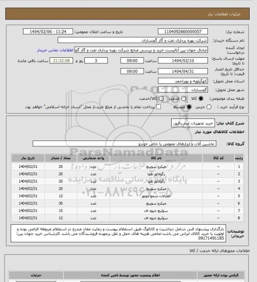 استعلام خرید تجهیزات ابزار دقیق