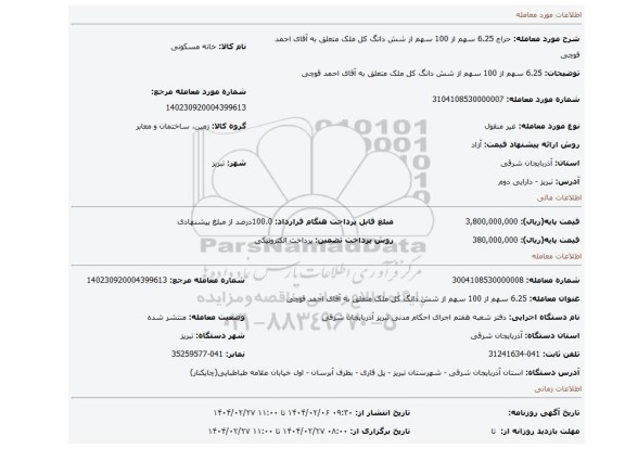 مزایده، 6.25 سهم از 100 سهم از شش دانگ کل ملک متعلق به آقای احمد قوچی