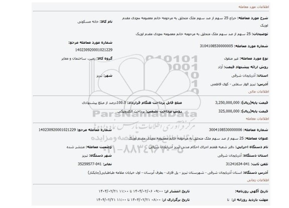 مزایده، 25 سهم از صد سهم ملک متحلق به مرحومه خانم معصومه محمدی مقدم اوزبک